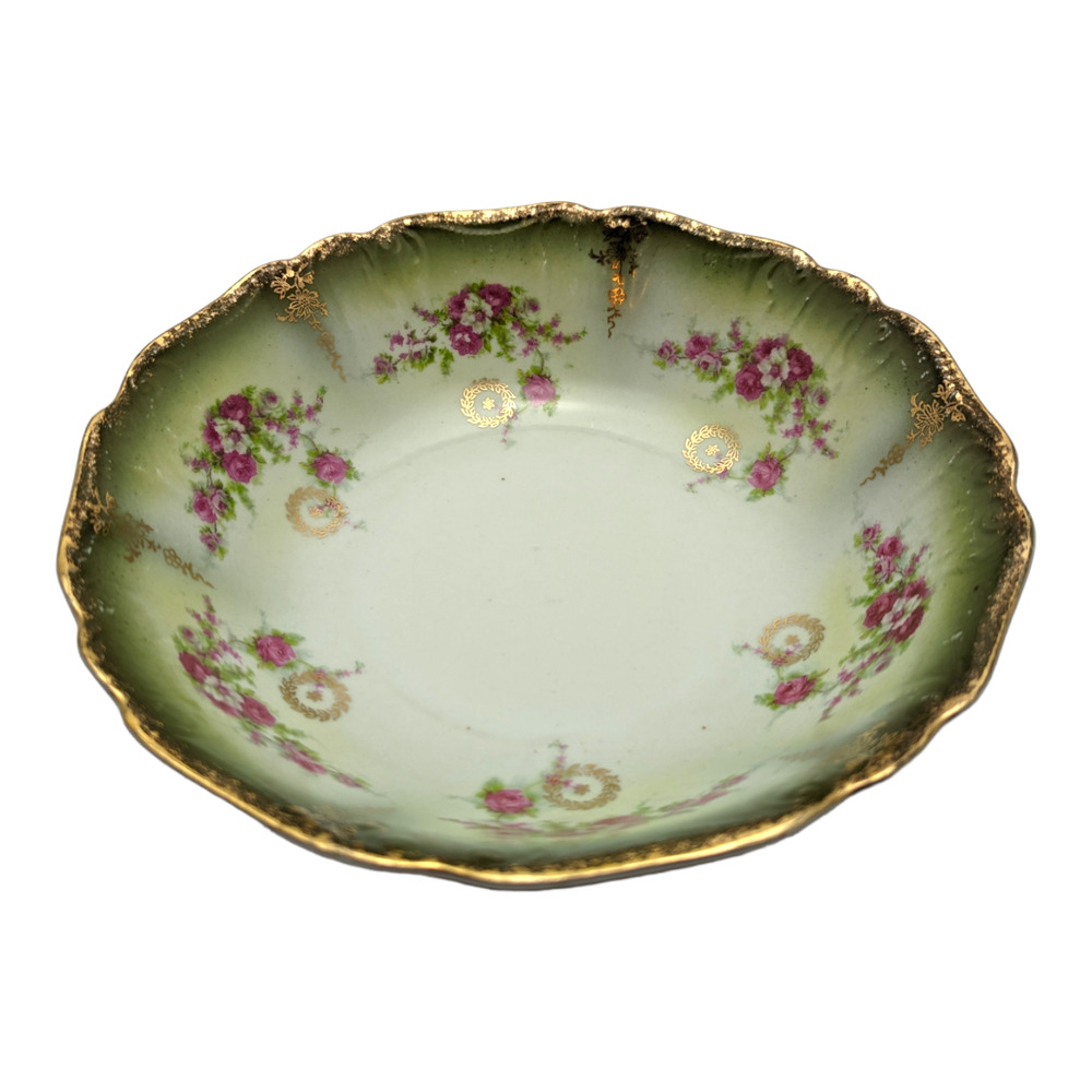 Vintage Serving Bowl Made In Germany Green Hand Painted Pink Roses Gold Gilded - Picture 6 of 12